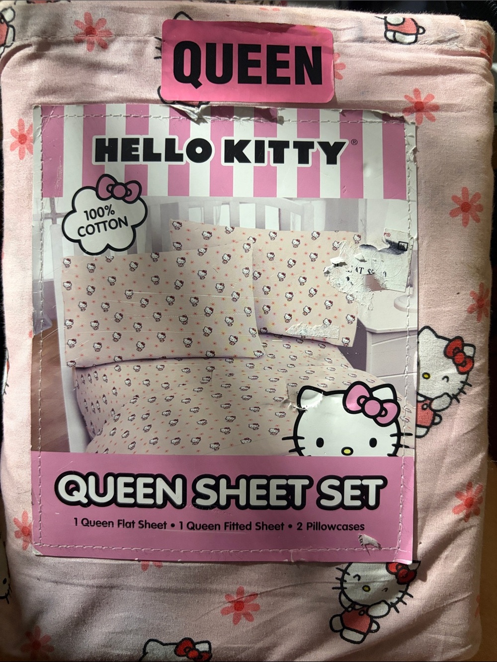 Hello Kitty Pink Floral & Character Queen Sheet Set
